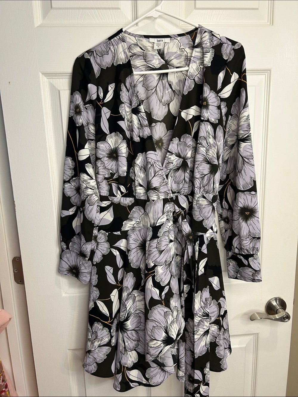 Bar III Black Floral Wrap Dress with Lilac Blooms